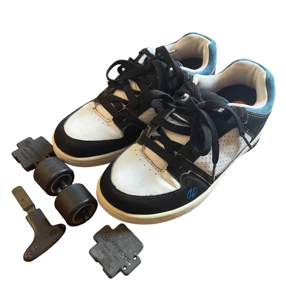 Heelys Skate Shoes Mens Black White Blue Fats Style Wheels Tool Size 10